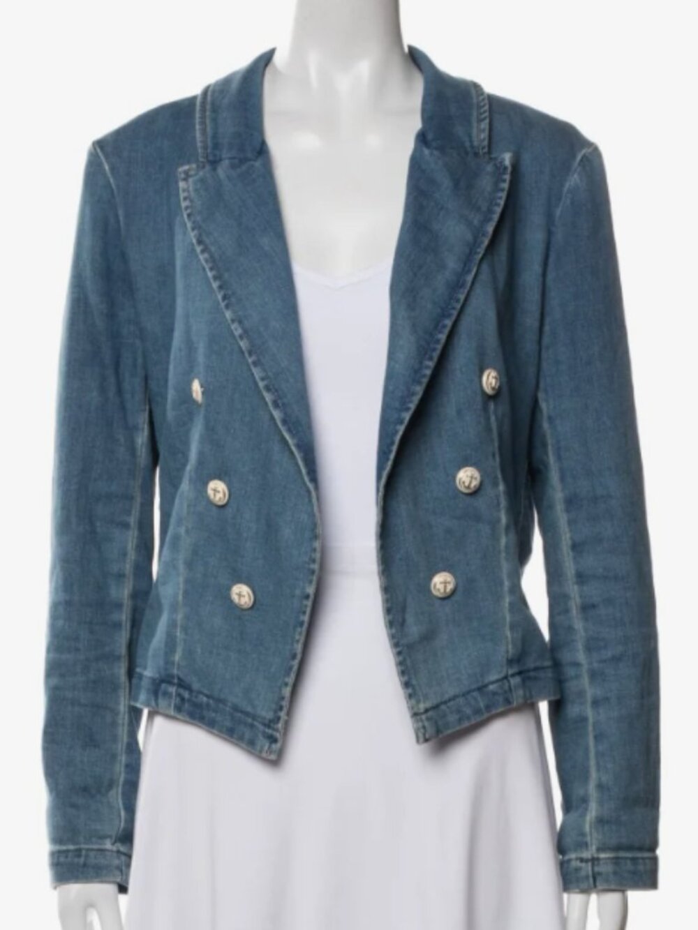 L'AGENCE I Blue Denim Open Front Anchor Button Cropped Wayne Blazer Jacket, M - Picture 2 of 13